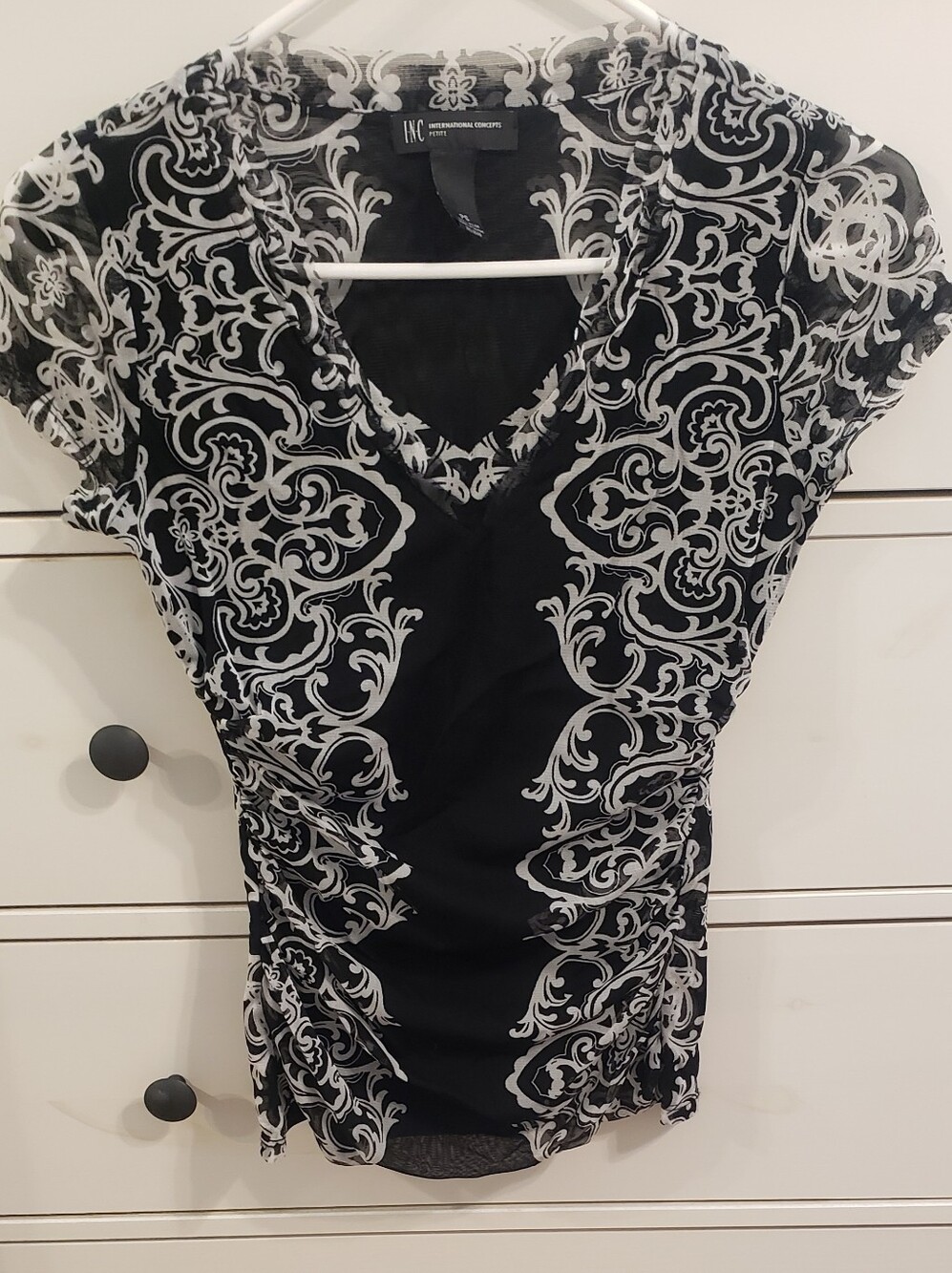 INC International Concepts Black and White V-Neck Ruched Blouse